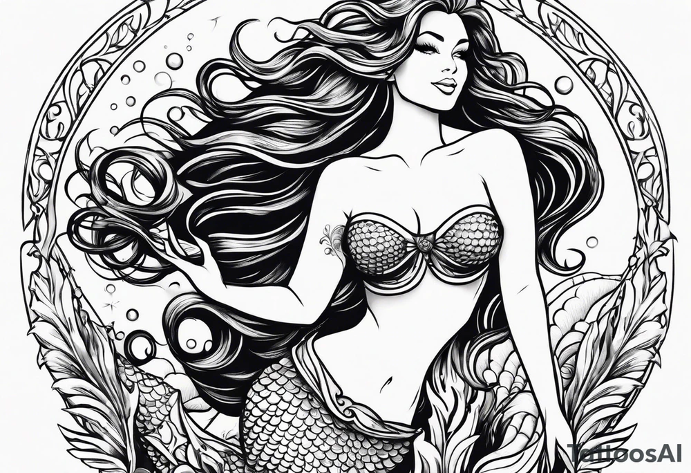 Mermaid, one arm up, hair in front of chest, curvy, smiling tattoo idea