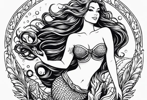 Mermaid, one arm up, hair in front of chest, curvy, smiling tattoo idea