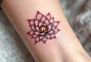A pink lotus flower with a tiny black infant figure in the center honors a mother’s spiritual and emotional support. tattoo idea