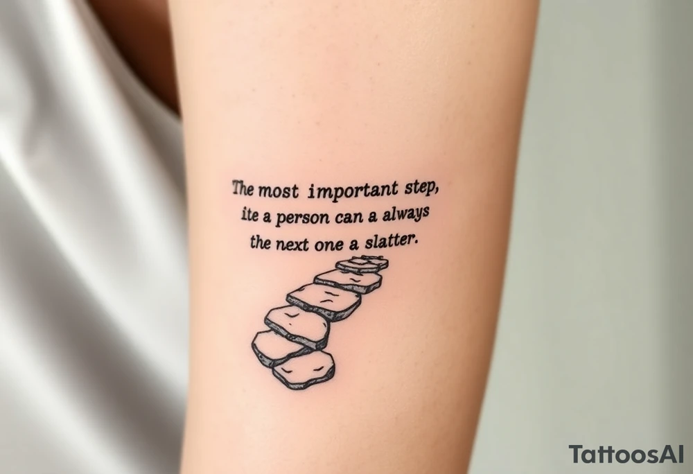Incorporate the phrase “the most important step a person can take is always the next one” into a walking path tattoo idea