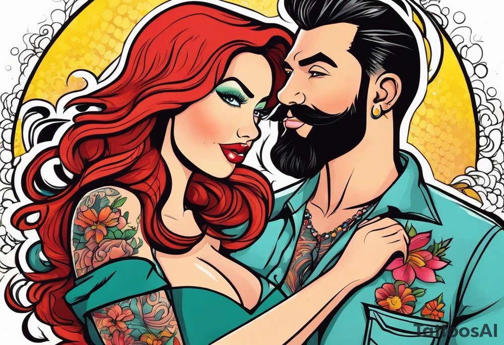 Busty Red haired woman with black haired bearded man tattoo idea