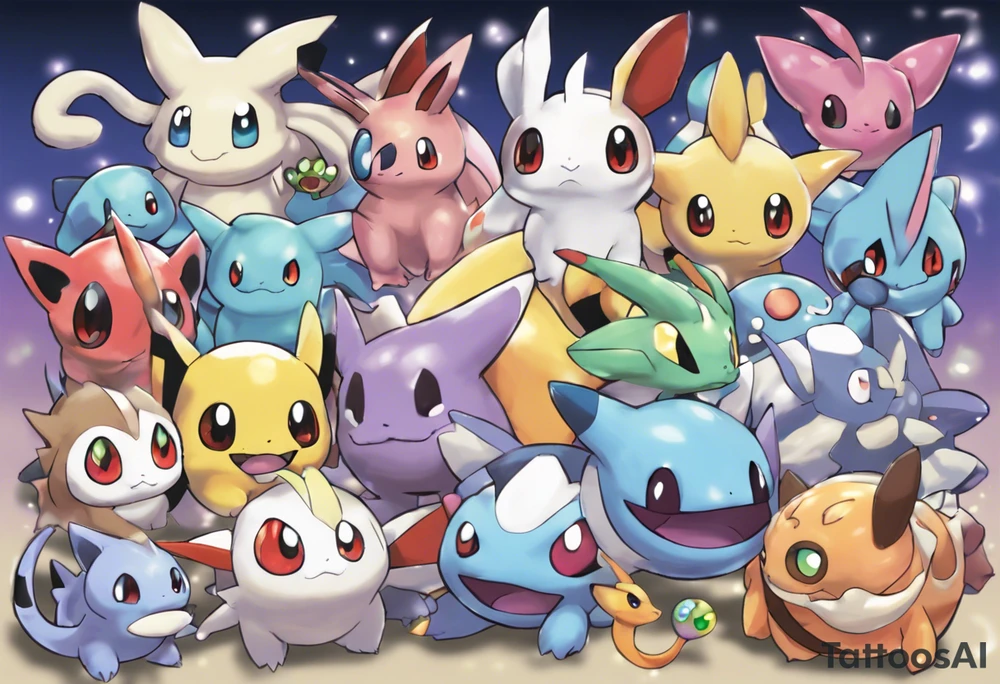 Mew*
Dratini*
Dragonair*
Dragonite*
Victini*
Applin*
Flapple*
Dragapult*
Cynthia and Garchomp
Meloetta
Jigglypuff*
Gengar*
Furret
Ampharos*
Sharpedo
Flygon 
Gothitelle
Chandelure 
Haxorus
Tyrunt 
Rowlet*
Salandit 
Togedamaru*
Mimikyu*
Drampa tattoo idea