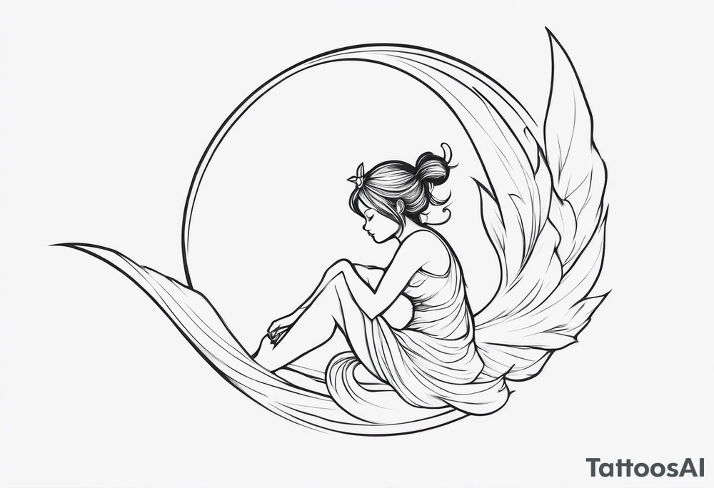 Minimalistic, monochromatic fairy with a tail flying to the left in a fetal position, leaning and looking in the same direction, with visible hands, embodying the 'Fairy Tail' logo aesthetic. tattoo idea