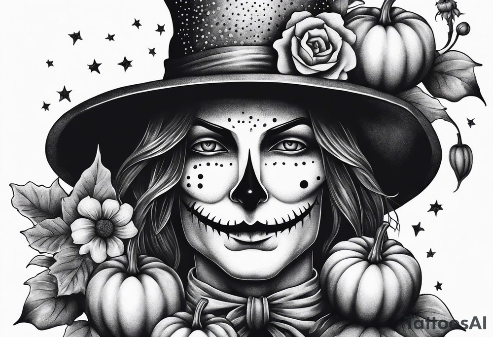 Scarecrow with pumpkins and flowers tattoo idea