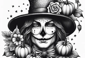 Scarecrow with pumpkins and flowers tattoo idea