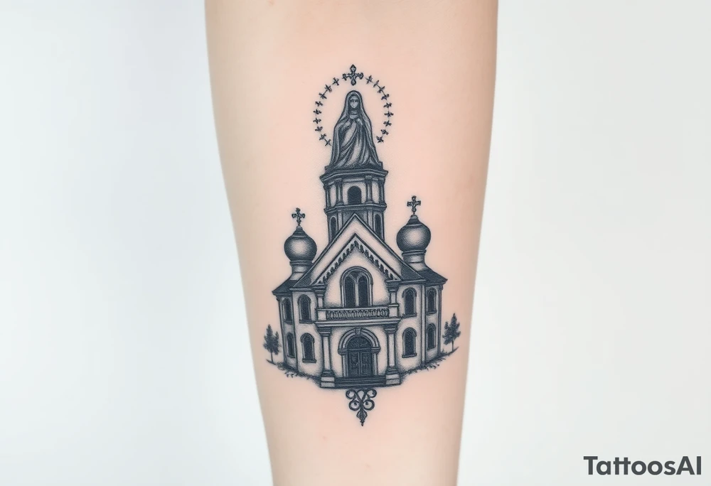 in a dorsal view a detailed orthodox church with a band at the front shrouded with a mist above and fading into a virgin mary overlooking above at the top tattoo idea