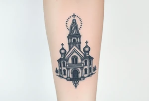 in a dorsal view a detailed orthodox church with a band at the front shrouded with a mist above and fading into a virgin mary overlooking above at the top tattoo idea