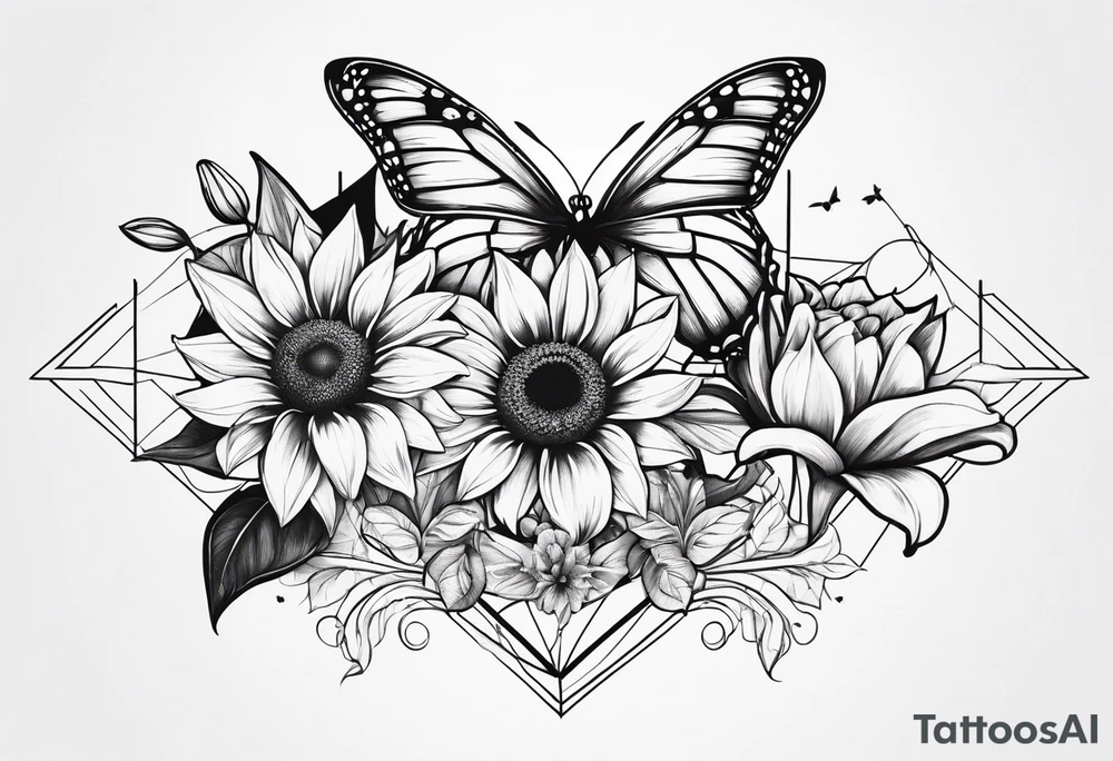 Sunflower and lily with butterflies in a line tattoo idea