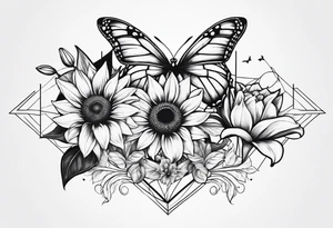 Sunflower and lily with butterflies in a line tattoo idea