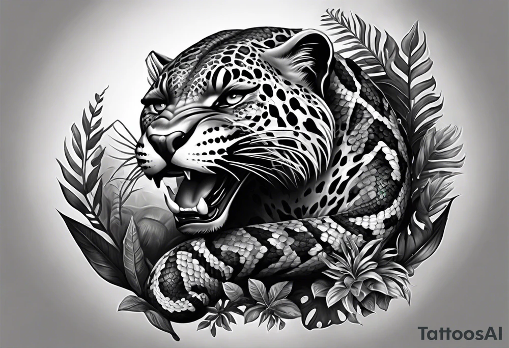 Black and grey realism with a pit viper snake, jaguar, and rainforest background for a forearm sleeve. Create the snake and jaguar to have aggressive features tattoo idea