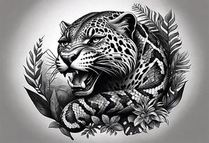 Black and grey realism with a pit viper snake, jaguar, and rainforest background for a forearm sleeve. Create the snake and jaguar to have aggressive features tattoo idea