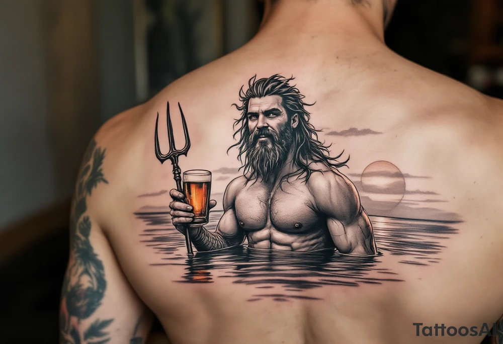 young, happy, fit poseidon in calm water, holding a trident, drinking a beer, with sunset tattoo idea