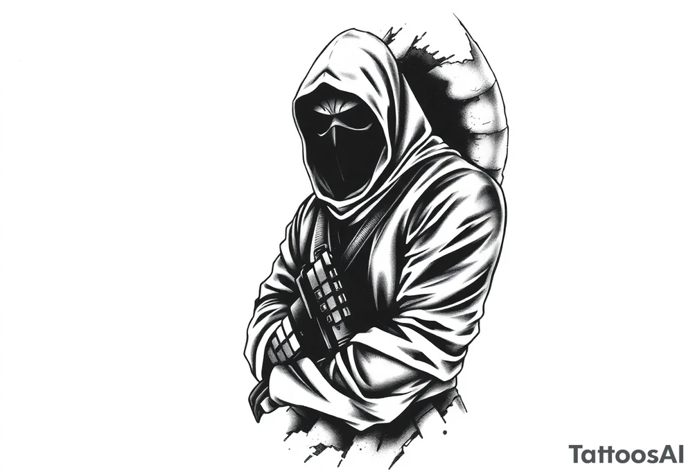 Minimalist covert operative symbolism representing loyalty and survival, faceless soldier silhouette emerging from darkness, torn fabric, subtle scars, controlled posture, black and grey realism, emotional restraint, understated strength, tattoo sleeve element. tattoo idea