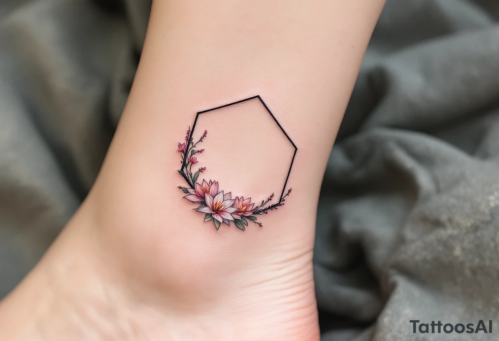 Faint Hexagon with Leo, larkspur and water lilies in the center tattoo idea