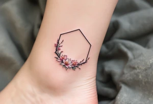 Faint Hexagon with Leo, larkspur and water lilies in the center tattoo idea