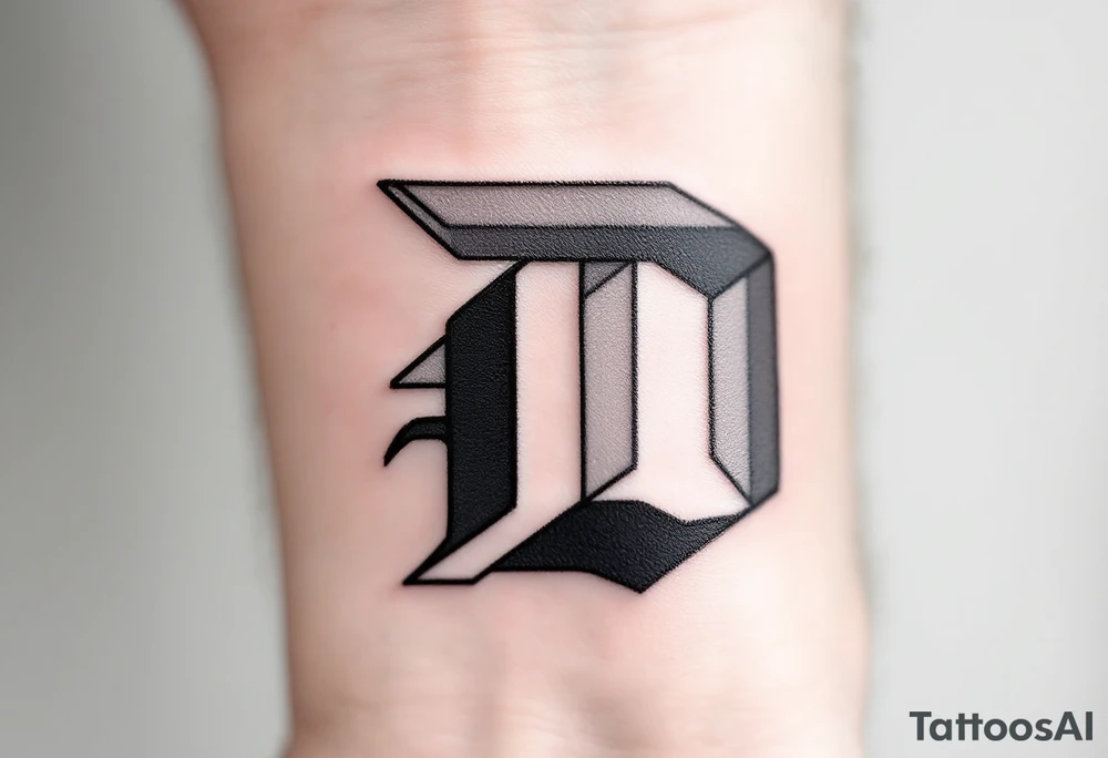 Minimalist Geometric D – A clean, thin-line letter D made from sharp black lines and accented with soft gray shadows. tattoo idea
