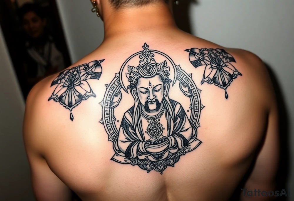 "Tibetan thangka tattoo but deity is a crypto wallet with QR face. Geometric patterns, black/red ink." tattoo idea