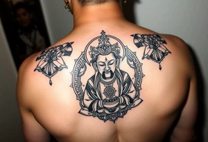 "Tibetan thangka tattoo but deity is a crypto wallet with QR face. Geometric patterns, black/red ink." tattoo idea