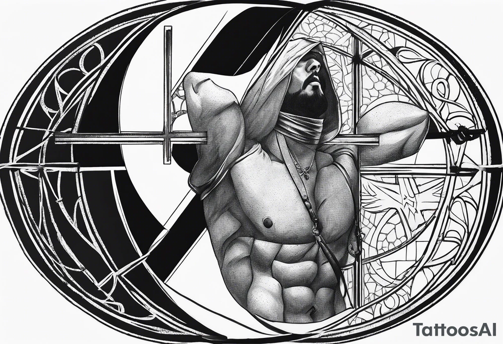 Circle made with Roman numerals, with a crucified man inside the circle tattoo idea Circle made with Roman numerals, with a crucified man inside the circle tattoo idea