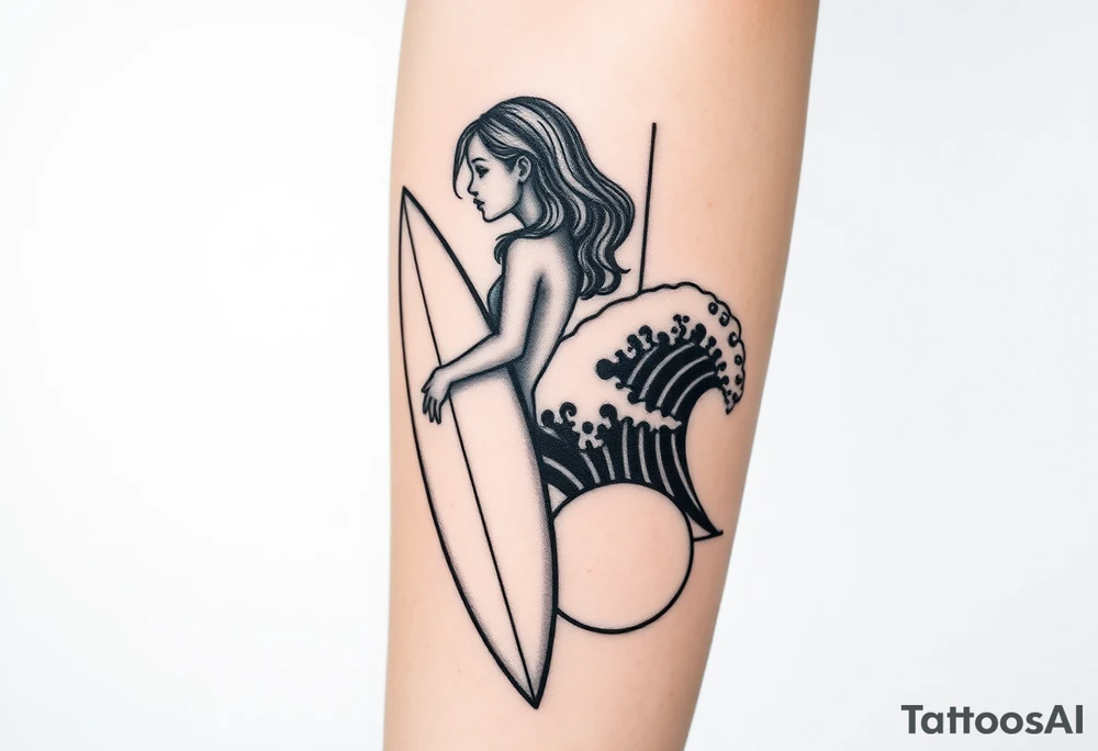 New school geometrical concept tattoo with the girl holding surfboard in a vertical position her face is turned 60 degrees to out side, the bottom part of a body is showed, on the right side of a tattoo is the realistic wave closed in a frame. And the bottom of a taro is a palenesiab sun. Link the objects based on new school geometry tattoos. tattoo idea
