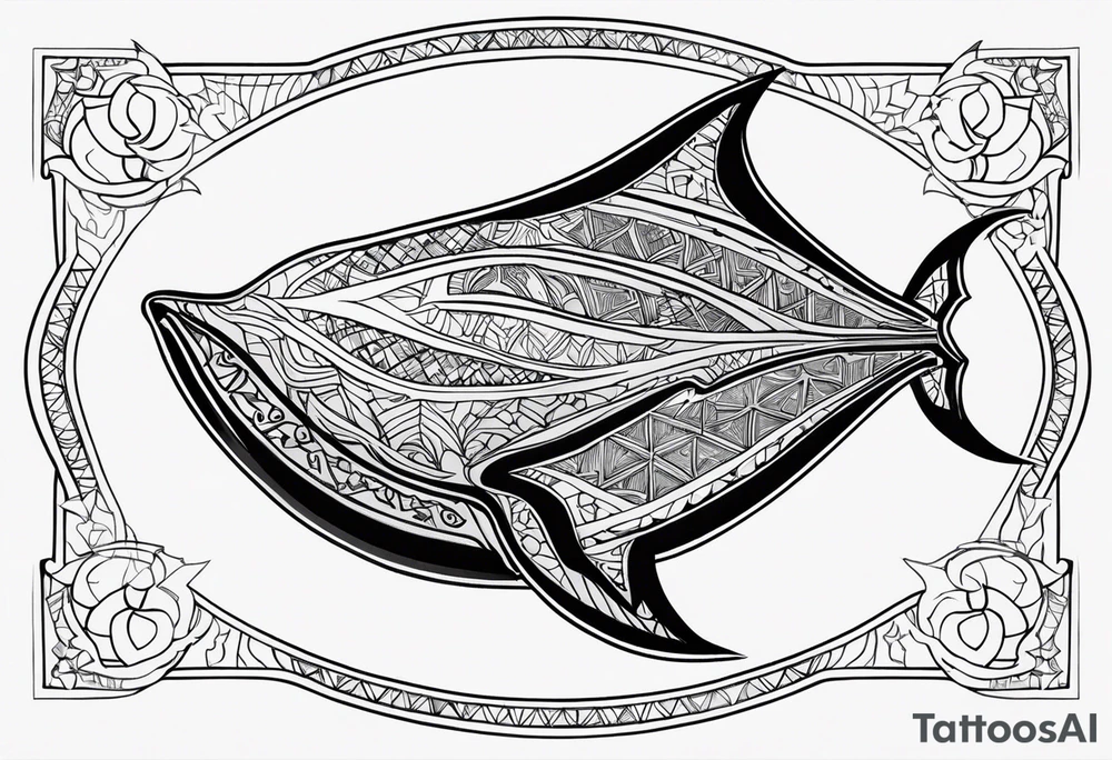 Tattoo sketch of manta ray in outline, without shadows and background, made of sacred ornament tattoo idea