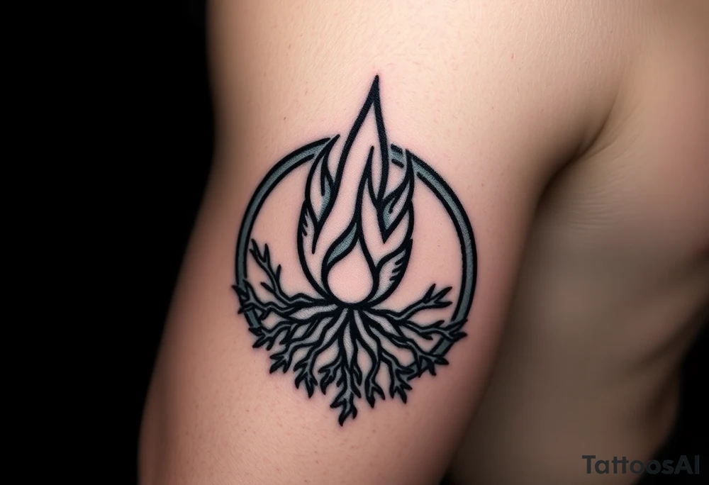 flame in a blooming roots circle tattoo idea
