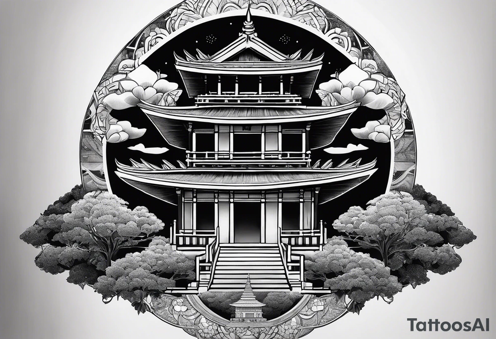 The back of a forearm including a world map, a Buddhist temple and a mandala tattoo idea