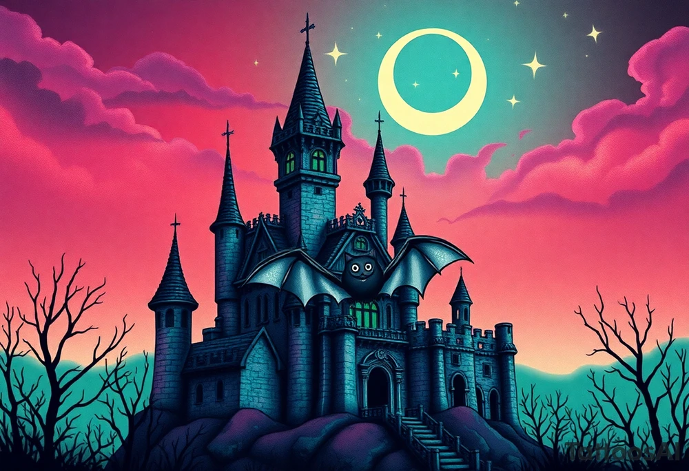 Tim Burton’s haunted castle is abandoned and dripping with muted reds, dusty pinks, and eerie green glow.purple and cyan smokey clouds swirl in the crescent moonlit sky thats sprinkled with stars under the castle an adorable kawaii bat spreads its wings tattoo idea tattoo idea
