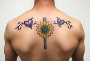 Purple Hearts & yellow Daisy around cross tattoo idea