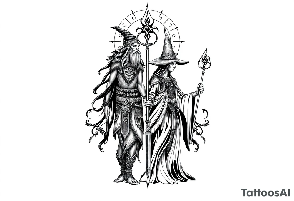 long shaman and witch abstracstyle mytical with ancient rhyme tattoo idea