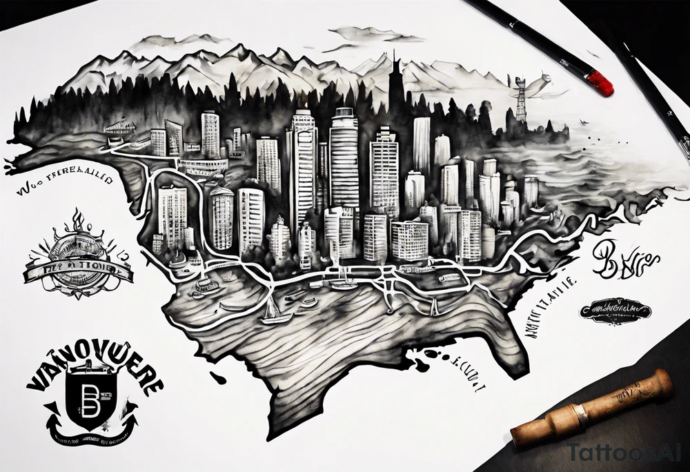 A map of vancouver B.C with a with water staining where the firehalls are tattoo idea