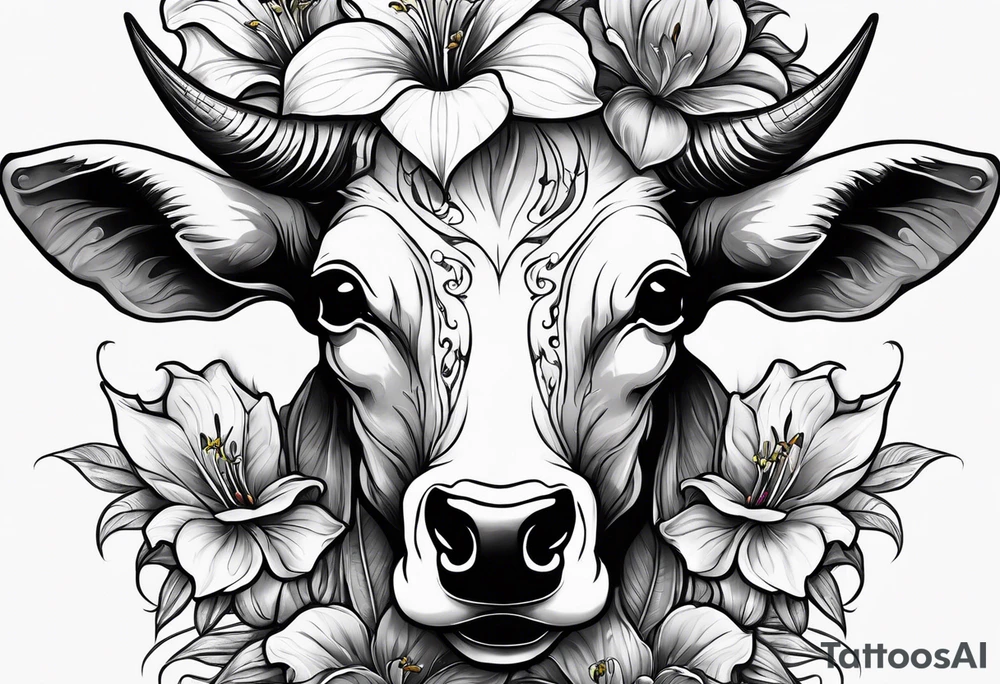 Bull skeleton with lily if the valley flowers growing out of eyes tattoo idea