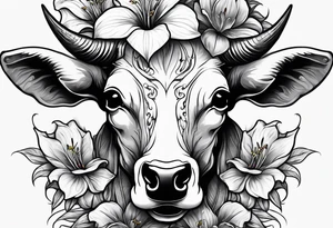 Bull skeleton with lily if the valley flowers growing out of eyes tattoo idea