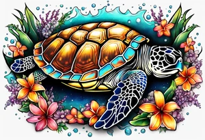 Sea turtle surrounded by hawian flowers and sea shells tattoo idea