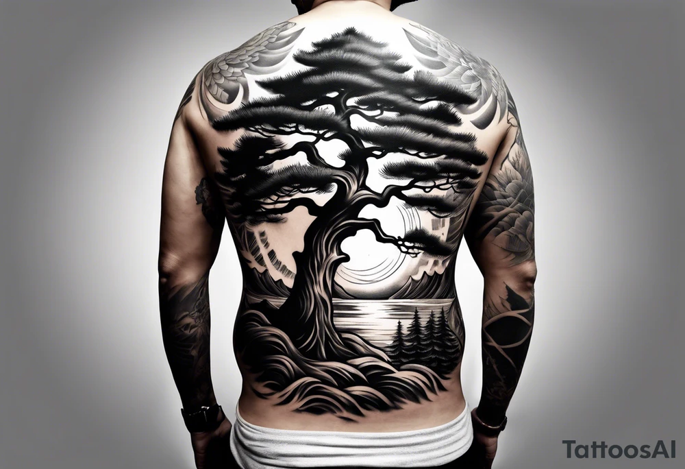 Full back tattoo ancient pine tree Forrest tattoo idea