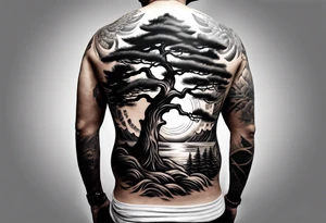 Full back tattoo ancient pine tree Forrest tattoo idea