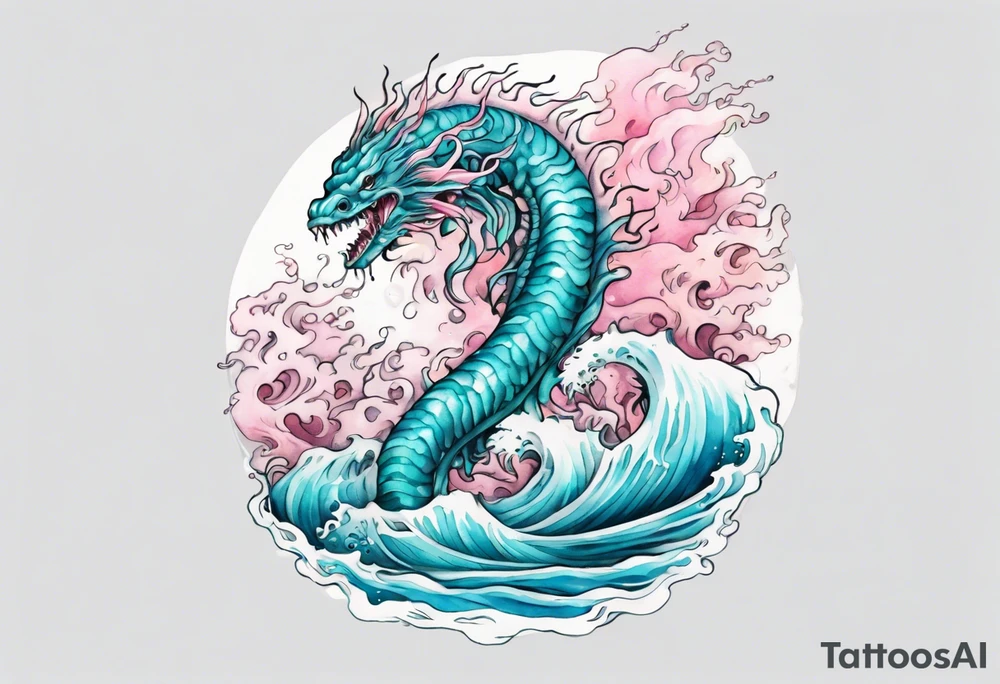 a beautiful turquoise and white and pink sea monster rising from the blue waves of the ocean tattoo idea