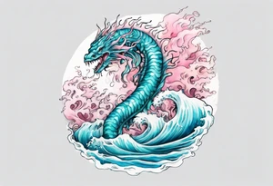a beautiful turquoise and white and pink sea monster rising from the blue waves of the ocean tattoo idea