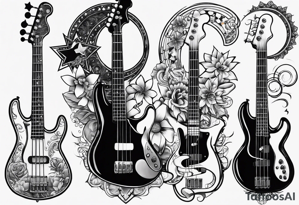 Tattoo full left arm with a collage of a bass guitar, mickey mouse silhouette, caduceus symbol, two stars and the sun with a moon tattoo idea