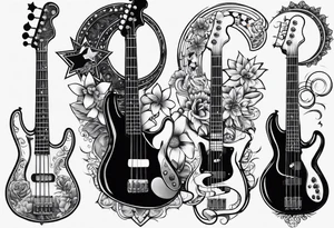 Tattoo full left arm with a collage of a bass guitar, mickey mouse silhouette, caduceus symbol, two stars and the sun with a moon tattoo idea