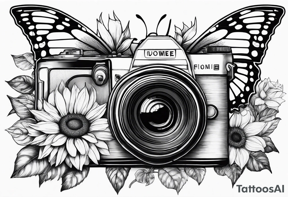 Butterfly, sunflower, camera, book, flower rose tattoo idea Butterfly, sunflower, camera, book, flower rose tattoo idea