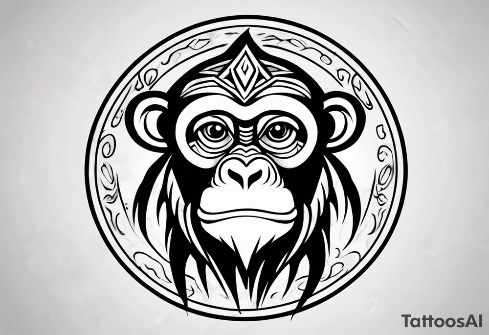Create a tribal cartoon monkey outline in a small circle tattoo idea