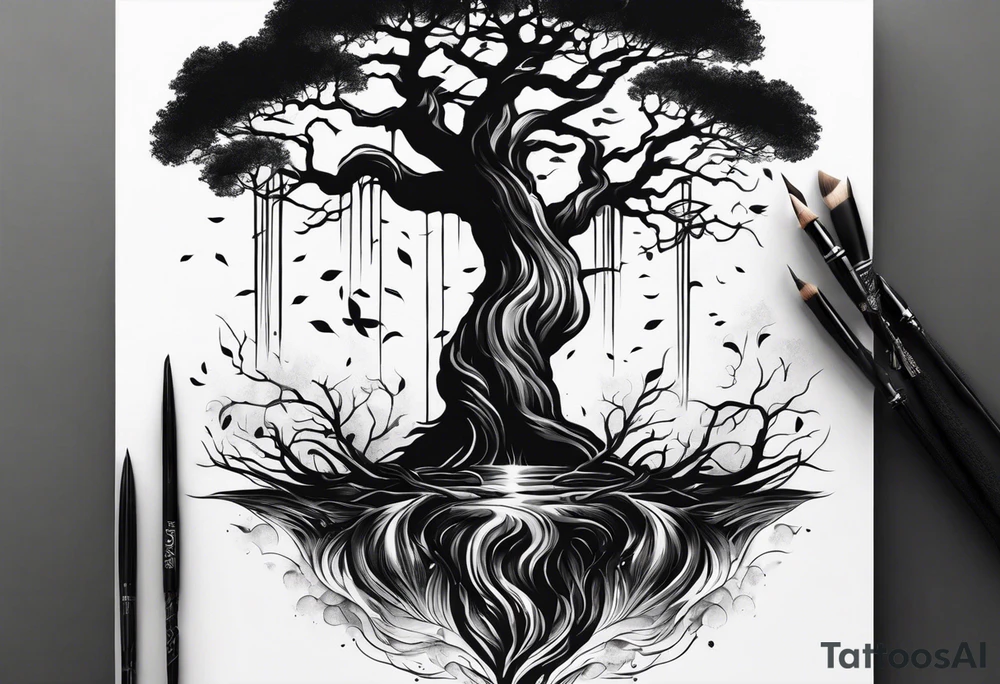 Black and white full sleeve tree going up with roots turning into water going down to wrist tattoo idea