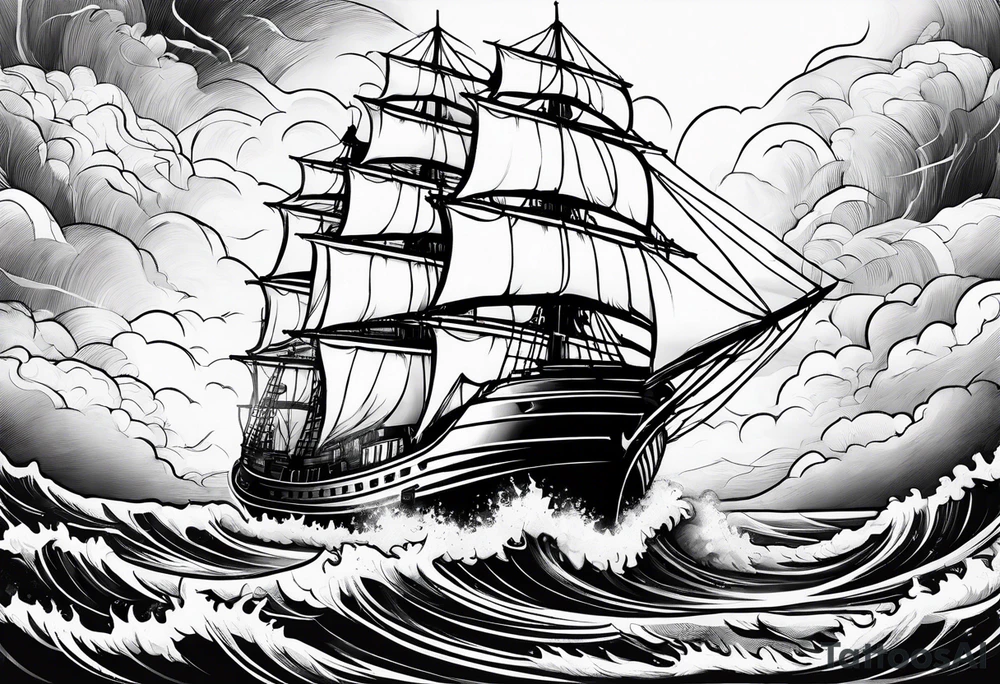 storm clouds with lightning surrounding a ship tattoo idea