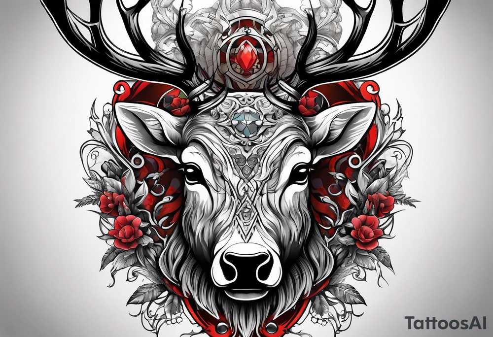 back tattoo of a front view reindeer with half the face as a skull tattoo idea