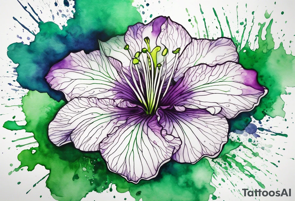 An outline of an only green rio dipladenia flower and a green and purple watercolor splash in the background tattoo idea