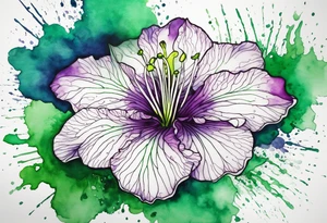 An outline of an only green rio dipladenia flower and a green and purple watercolor splash in the background tattoo idea