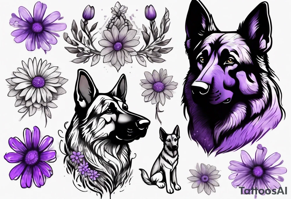 Dark brown German Shepherd with purple daisies tattoo idea