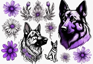 Dark brown German Shepherd with purple daisies tattoo idea