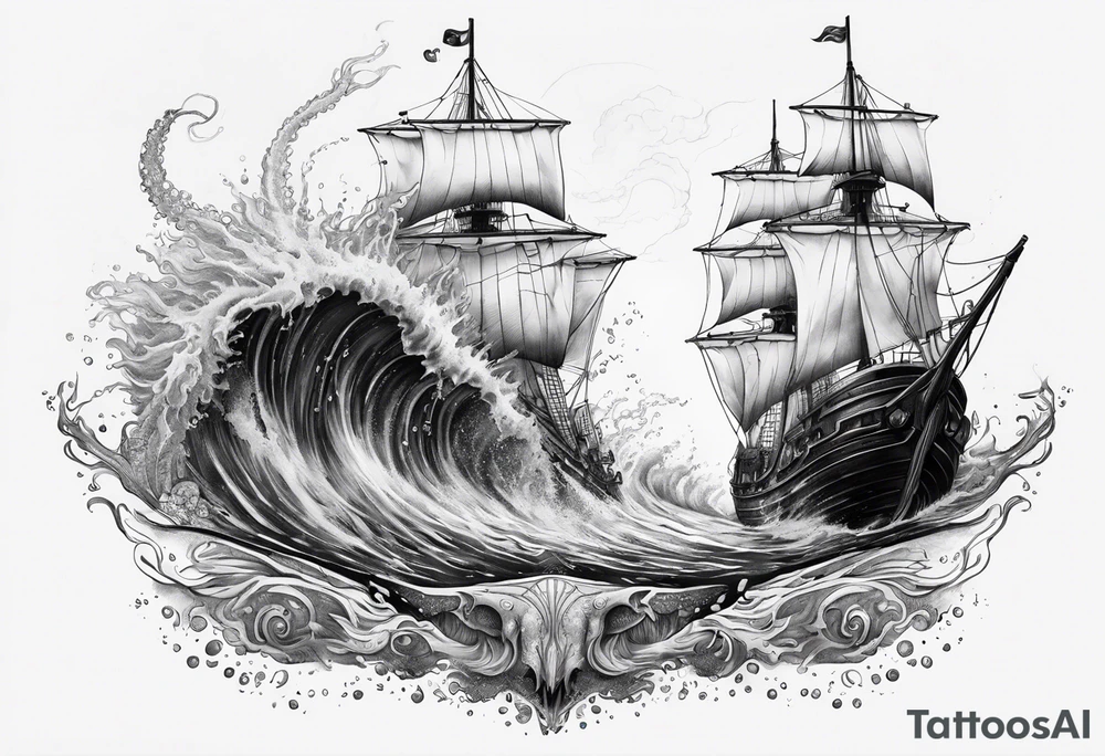 The Kraken coming out of the water and splitting a boat in half. tattoo idea